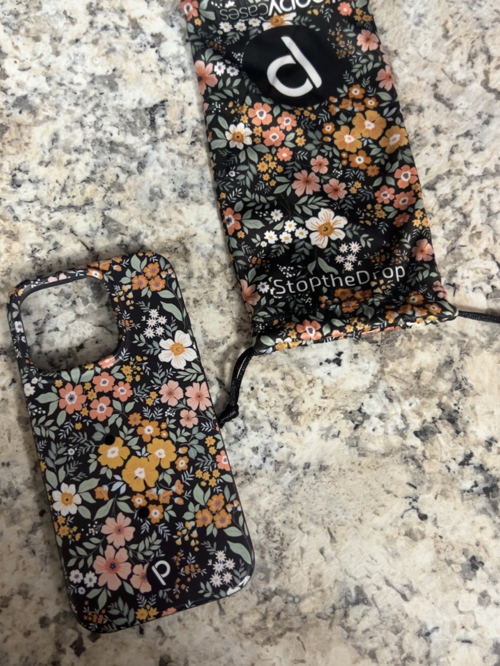 Floral Black Phone Case with Drawstring Pouch - Black Floral